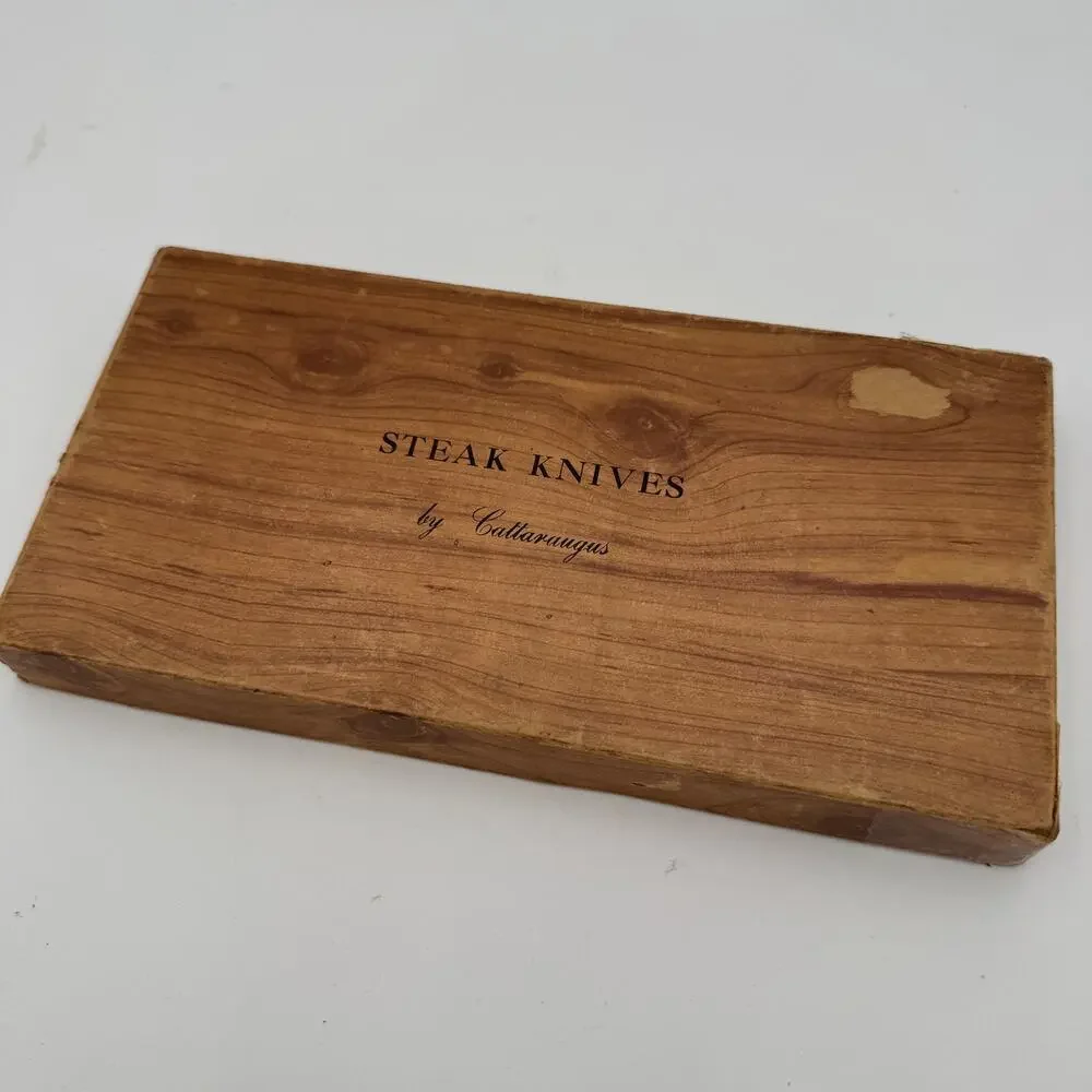 Mid Century Cattaraugus Steak Knife Set (6) in Wooden Holder w Box MCM